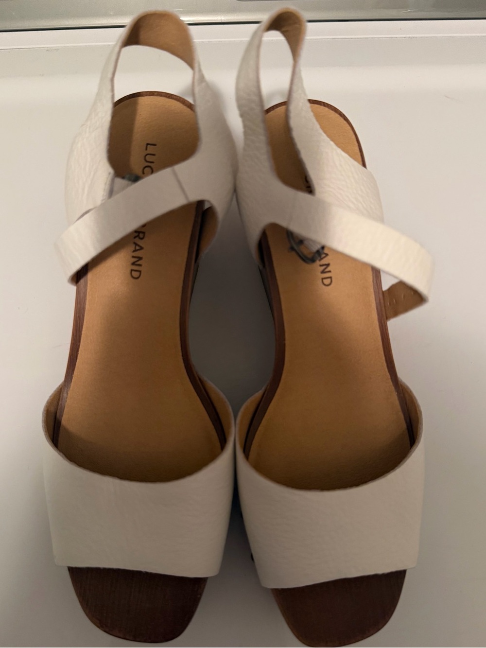 Lucky Brand White Leather Open-Toe Wedge Slingbacks